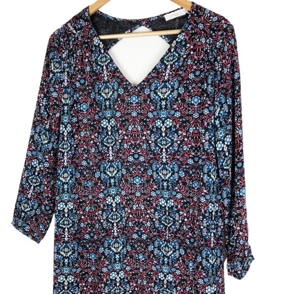 Lush Womens Black Floral V-Neck Cutout Back Long Sleeve Tunic Dress - Picture 12 of 16